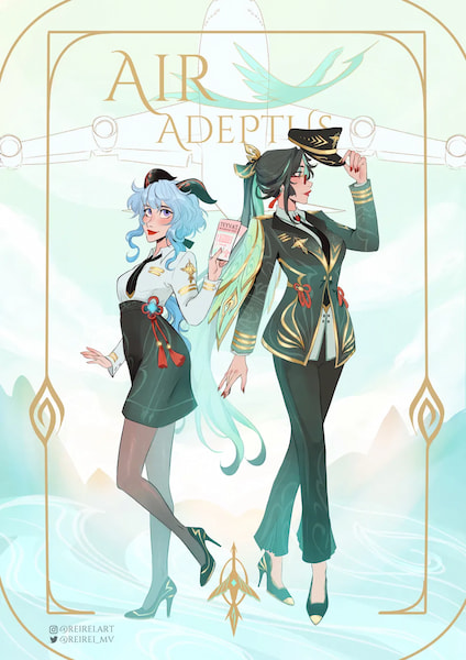Ganyu and Xianyun as the Air Hostess-Pilot duo by Raquel (Rei Rei) on HoYoLAB.jpg